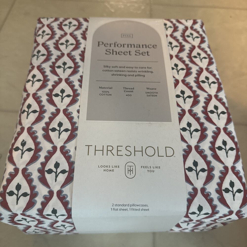 NEW Threshold Full 400 Thread Count Cotton Holiday Woodblock Leaf Sheet Set